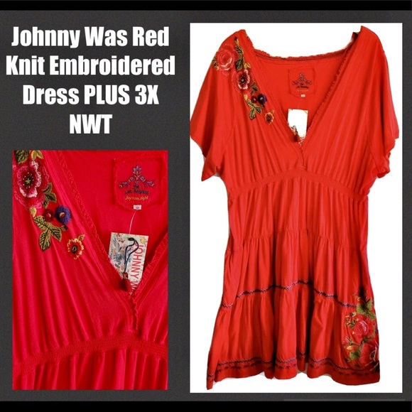 Johnny Was Red Dress Plus 3X Beautiful Embroidery Sexy Midi Dress EUC - Picture 1 of 12